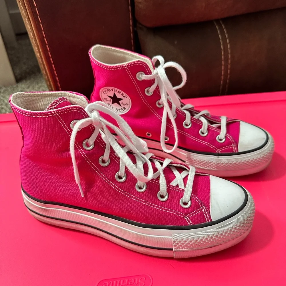 Pink high top platform converse